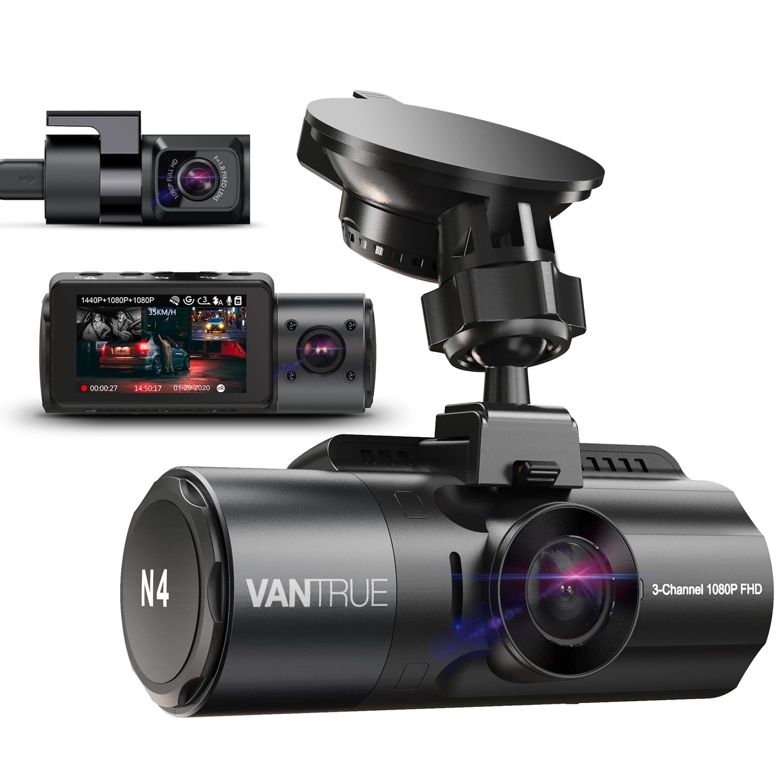 Vantrue N4 3 Channel 4K Dash Cam, 4K+1080P Front and Rear, 1440P+1440P Front and Inside